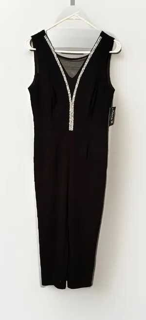 ALEXA B Nite Women's‎ Jumpsuit Sz 8 Sleeveless V Neck Jeweled Sequin Mesh Black thumbnail 1