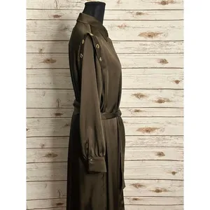 Zara olive green satin grommet detail belted Ring Trim maxi shirtdress Size M thumbnail 9