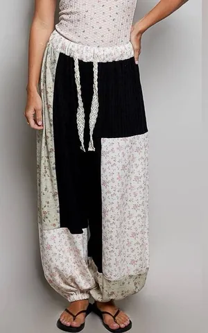 POL Boho Patchwork Balloon Wide Leg Pants, XL, Black Multi Jogger Style thumbnail 1