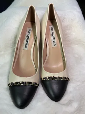 Karl Lagerfeld black + cream heels with gold chain detail thumbnail 5