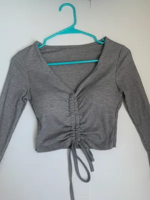 Gray Ruched long Sleeve Crop Top thumbnail 1