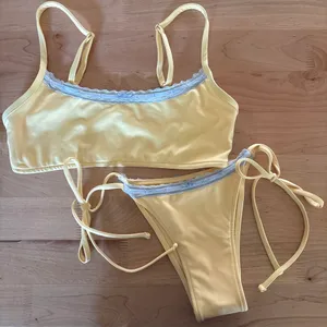 Pink by Frankies Bikinis butter yellow and blue lace bikini set thumbnail 1