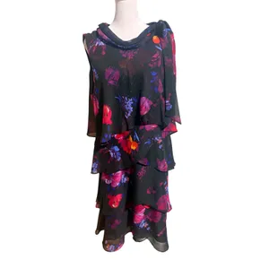 SLNY Tiered Chiffon Dress 16 Black Floral New Tie Cowl Neck Ruffle Shimmer thumbnail 7