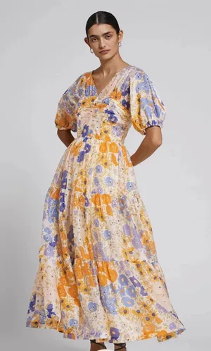 JardinVue Floral Tiered‎ Maxi Dress Orange Purple Puff Sleeve V-Neck Small NWT thumbnail 1