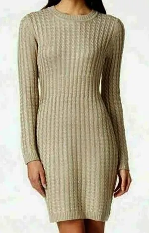 Calvin Klein Cable Knit Sweater Dress Khaki Tan Crew Neck‎ Small Quiet Luxury thumbnail 1