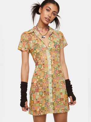 NWT Raggesd Priest Colorful Retro Square Button Down Mesh Shirt Mini Dress 12 thumbnail 2