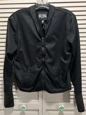 Victoria‎ Sport Athletic Jacket Logo Pockets Full Zip Size S Black Thumb Holes thumbnail 1