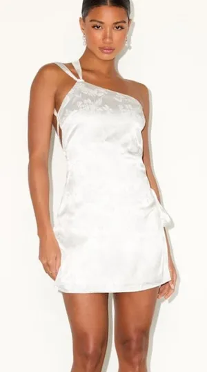 NEW Lulus Yvonne Ivory Jacquard Satin One-Shoulder Open Back Mini Dress Small thumbnail 1