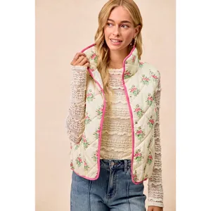 BiBi Floral Print Piping Detail Quilted Vest - Cream/Pink - Large thumbnail 11