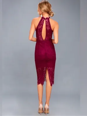 Lulu's Magenta Lace Halter Midi Dress thumbnail 3