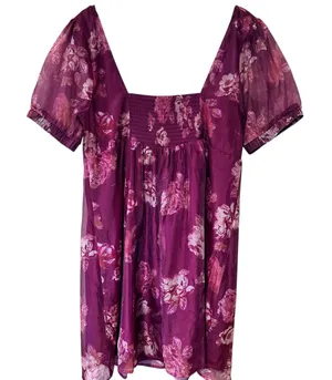 Wild Fable Short Dress SZ XL Burgundy Sheer Floral Smocking Short Puffy Sleeves thumbnail 1