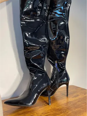 GUESS Black Patent OTK Stiletto Boots Mob Wife Y2K Baddie 8W thumbnail 3