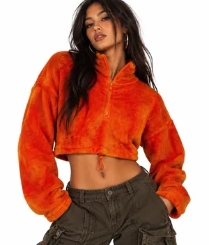 Akira Cozy Fleece Pullover Womens M Orange Cropped Half Zip Faux Fur Plush Y2K thumbnail 1