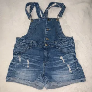 I & M Jeans short overalls bib distressed womens size L juniors stretchy thumbnail 1