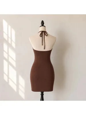 SHEIN Brown Ribbed Halter Cut Out Bodycon Mini Dress Size Small thumbnail 2