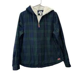 LL Bean Scotch Plaid Flannel Shirt Sherpa Lined Zip Hoodie Jacket Blue Green S thumbnail 5