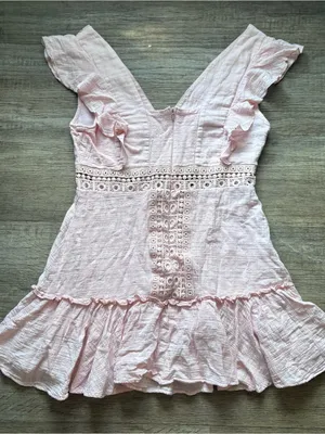 Pale Pink Eyelet Ruffle Coquette Mini Dress Femenine Cottagecore Gatherings Sz L thumbnail 7