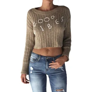 “Good Vibes” Rib Knit Crop Long Sleeve Sweater Tan Size Medium‎ thumbnail 11