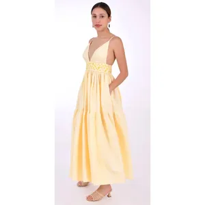 Fanm Mon NWT Ruzgar Light Yellow Embroidered Cotton Maxi Dress‎ XS thumbnail 7