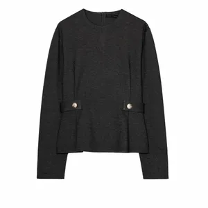 Zara NWT charcoal monk long sleeve gold button detail twill peplum top thumbnail 2