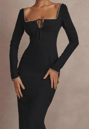House of CB Crystal Embellished Longsleeve Open Back Maxi Dress XS - Black thumbnail 1