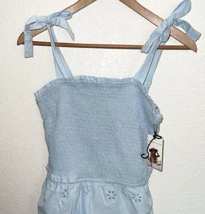 Sincerely Jules Light Blue Smocked Tiered Floral Tank Top Tie Strap Mini Dress thumbnail 2