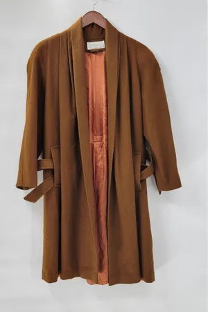 Vintage J. Hilary Wool Coat Womens 4 Belted Camel Brown Long Trench Made in USA thumbnail 1