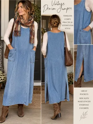Vintage Denim Jumper Midi Dress M Utility Pockets 100% Cotton 90s Country thumbnail 2