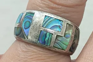 Vintage NE 925 Signed Sterling Silver Abalone Inlay Ring Band Size 6.5 5.9g thumbnail 16