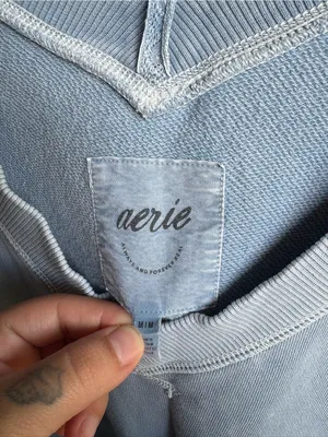 Aerie Light Blue Distressed V Neck Comfy Sweatshirt thumbnail 3