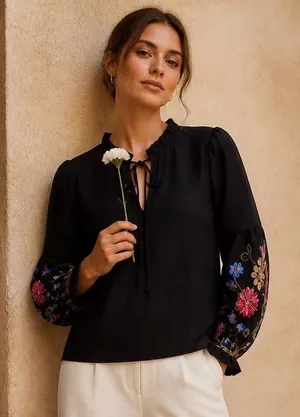 Black Floral Embroidered Balloon Sleeve Ruffle Neck Tie Blouse Feminine thumbnail 1