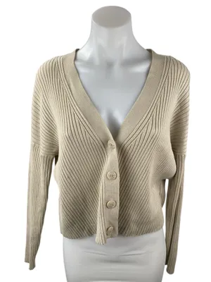 Abercrombie & Fitch Beige Ribbed V Neck Long Sleeve Crop Cardigan Sweater Top L thumbnail 1