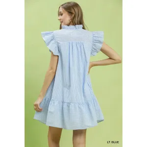 Umgee Stripe Smocked Yoke Ruffle‎ Dress - Lt. Blue - Small thumbnail 3