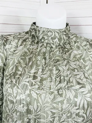 H&M Floral Pleated Mock Neck Blouse Green Cream Large Sheer Satin Office Boho thumbnail 6