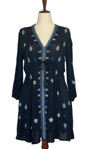 Free People Embroidered Mini Dress Black Boho Tunic Size M thumbnail 2