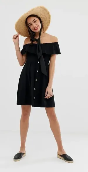 NWOT ASOS Black Off Shoulder Ruffle Button Front Mini Dress Size 4 thumbnail 1