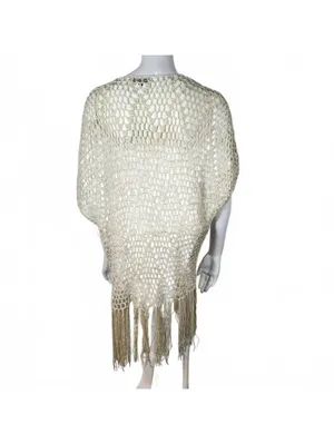 POL Beige Crochet Open Front Cardigan with Fringe Detail, Size Large thumbnail 4