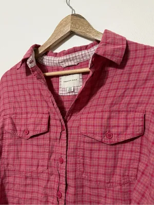 American Eagle Cropped Flannel Shirt Size Small Oversized Pink Button up thumbnail 5