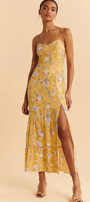 Abercrombie & Fitch Butter Yellow Floral Tiered Maxi Dress Tie Strap Romantic thumbnail 1