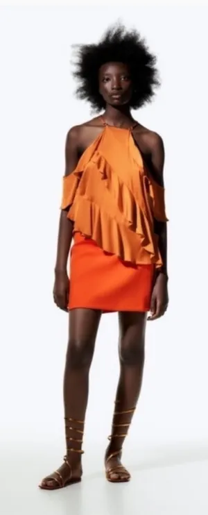 NEW Zara Orange Satin Ruffle Draped Off Shoulder Tank Top Blouse Small thumbnail 1