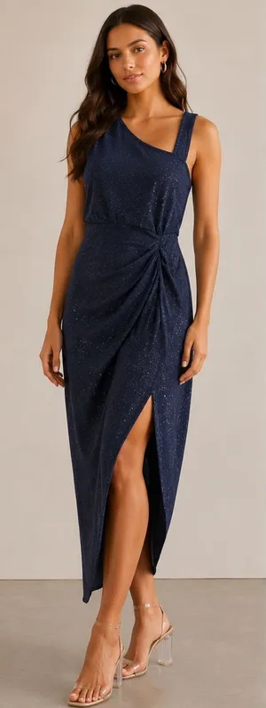 SHEIN Navy One-Shoulder Glitter Draped Midi Dress thumbnail 1