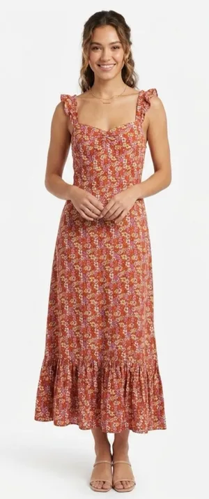 LUSH Floral midi Dress Size Large Ruffle Strap Smocked thumbnail 1
