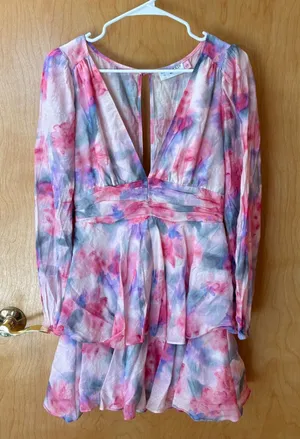 Hello Molly Mini Dress Women Small Pink Floral Tiered Ruffle Open Back V-Neck thumbnail 1