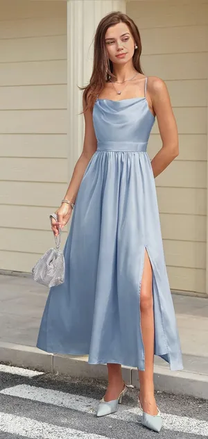 Rihoas Blue Satin Ruched Slip Maxi Dress thumbnail 1