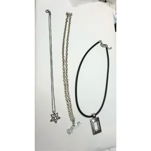 Three silver toned necklace set - guitar pendant, dog paw and square pendant s thumbnail 2