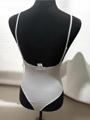 Forever 21 Light Gray Ribbed Lace-Trim Bodysuit thumbnail 2