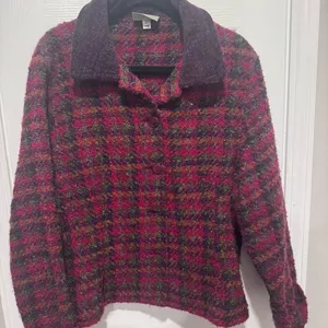 Vintage Cottage Classics Plaid Teddy Jacket Women's L Red Purple Boucle Button thumbnail 1