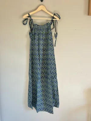 Boutique Ex Voto Iris Blue Tie-Shoulder Floral Maxi Dress XS/S NWT Boho Cotton Sundress thumbnail 4