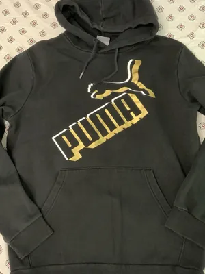 PUMA Womens Small Hoodie Logo Black Long Sleeve Pullover Sweatshirt Pockets Gold thumbnail 1