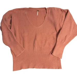 Free People Allure Plunge V Neck Sweater Ribbed Pink Cinch Waist Sleeves Sz L thumbnail 1